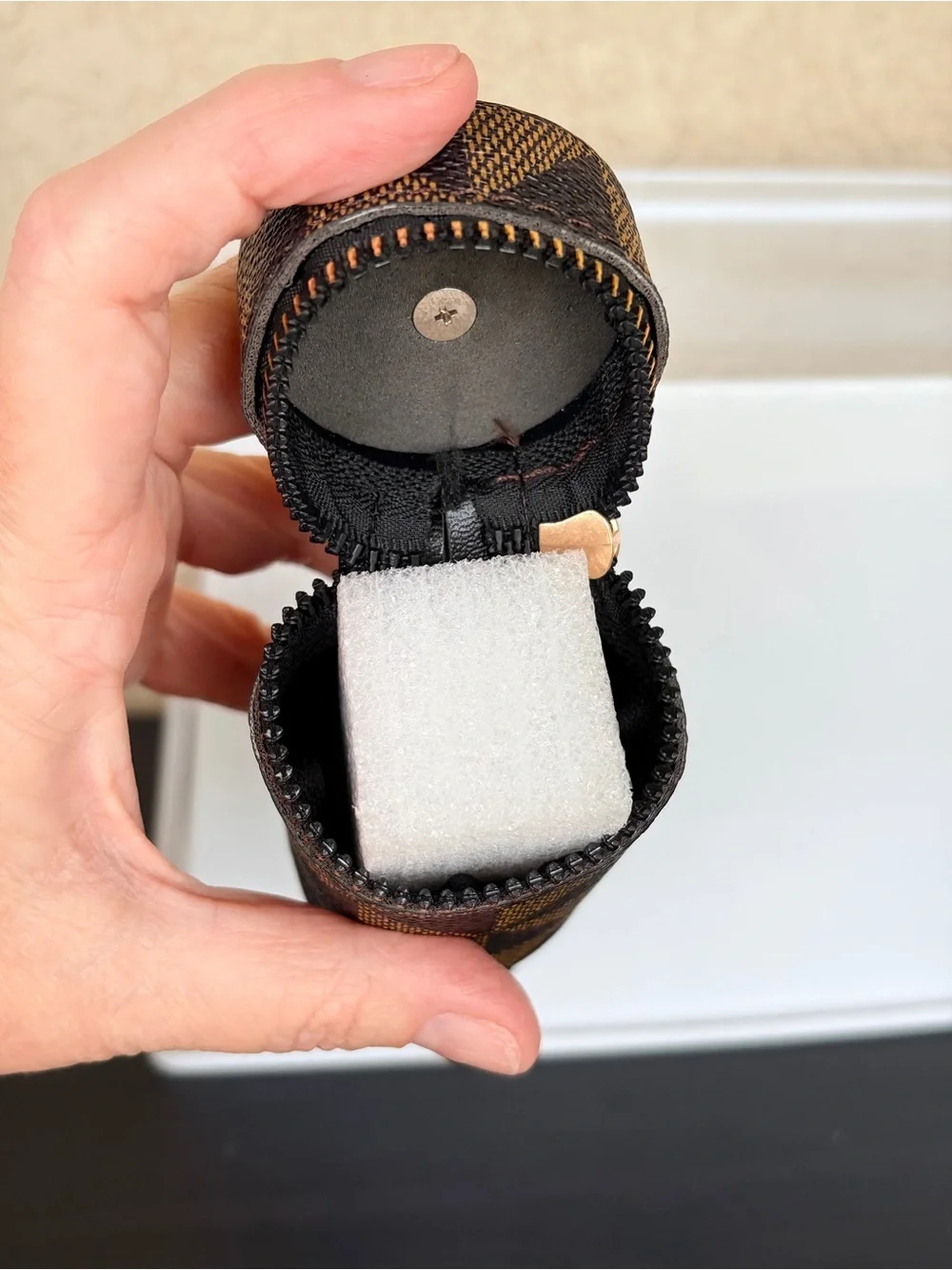 Brown Geometric Cylinder Keychain Pouch with Scarf Accent